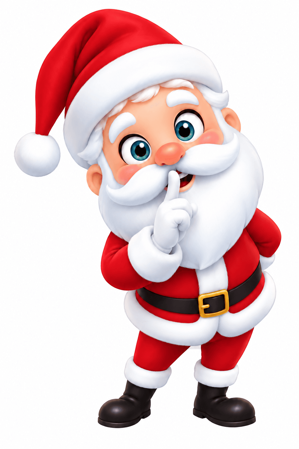 Santa keeps one gloved finger to his lips, ready for the next Secret Santa.
