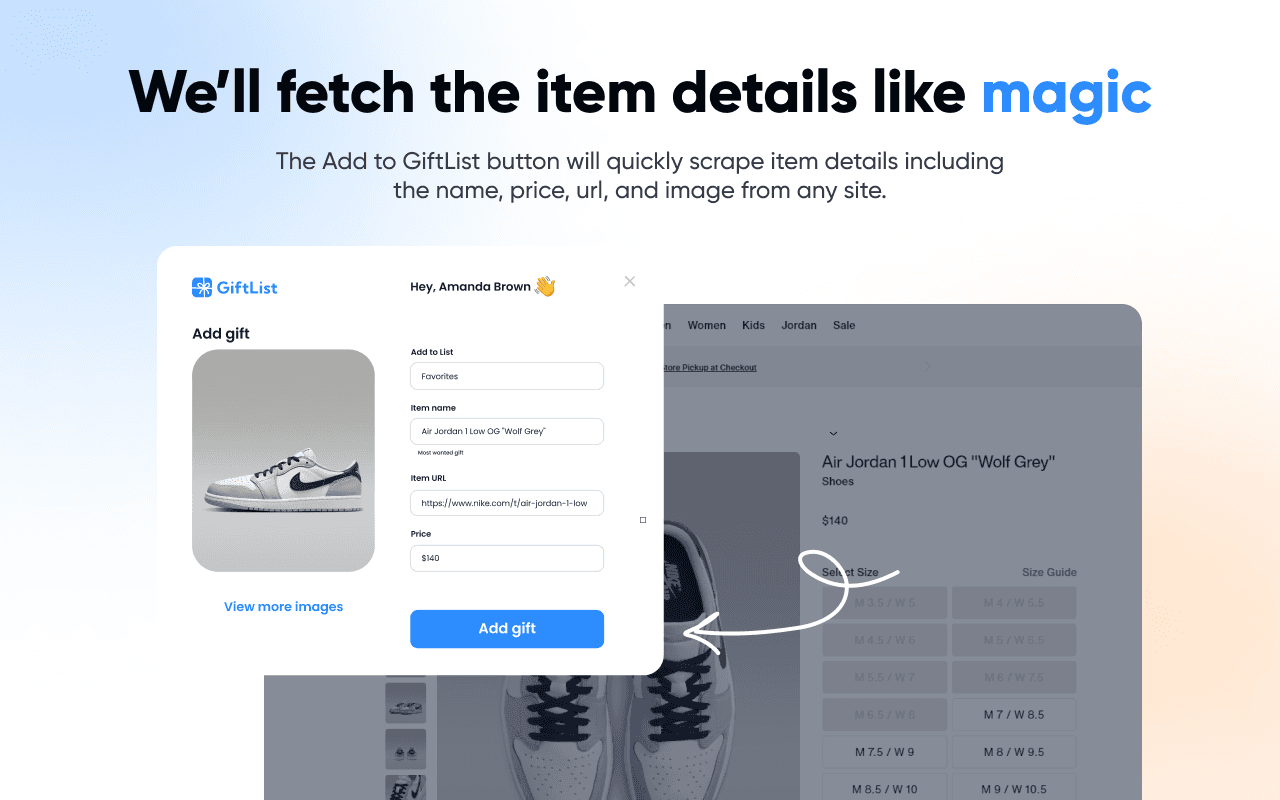The extension automatically fetches item details like name, price, URL, and image from any site