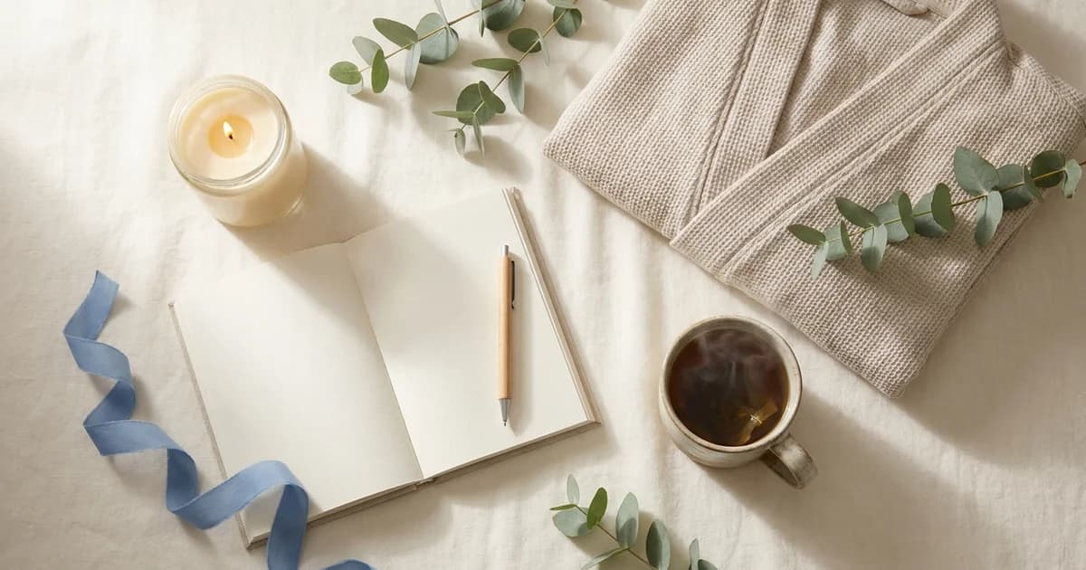 Calm self-care flat-lay with a lit candle, open journal, folded robe, mug of tea, eucalyptus sprigs, and a blue ribbon on warm linen
