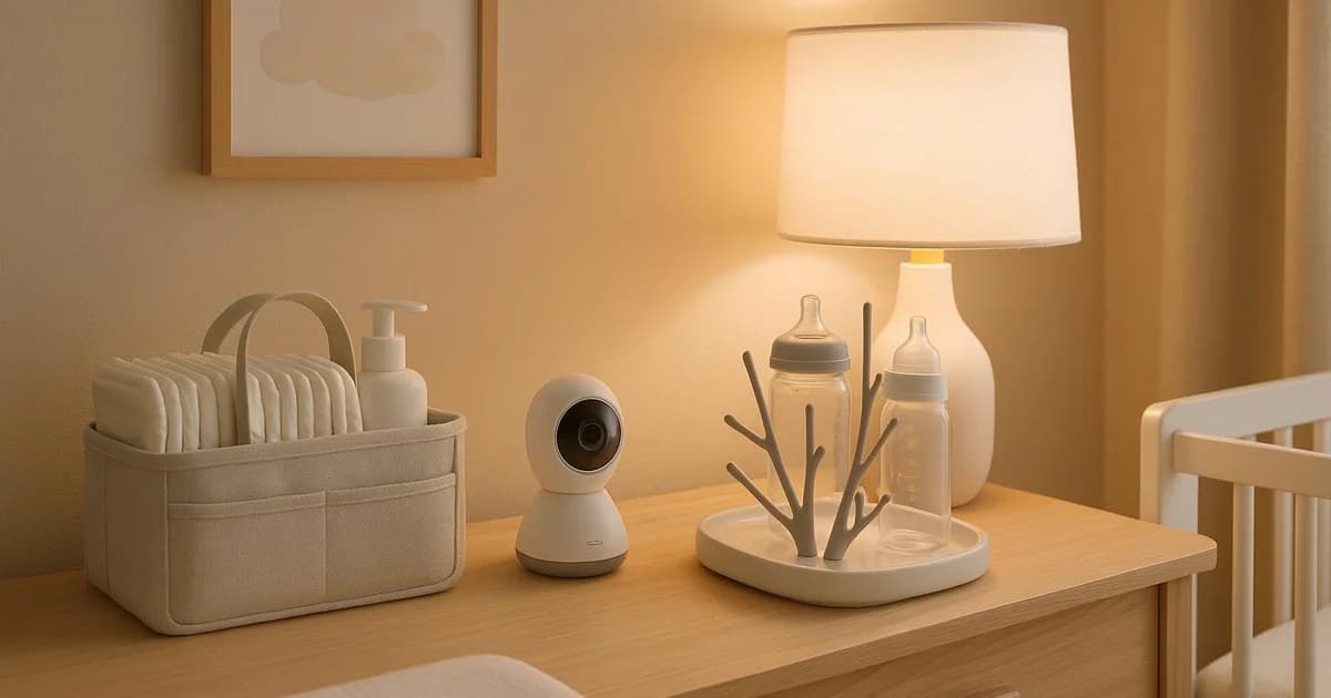 Practical baby registry essentials - diaper caddy, monitor, and bottle drying rack - on a warm nursery dresser