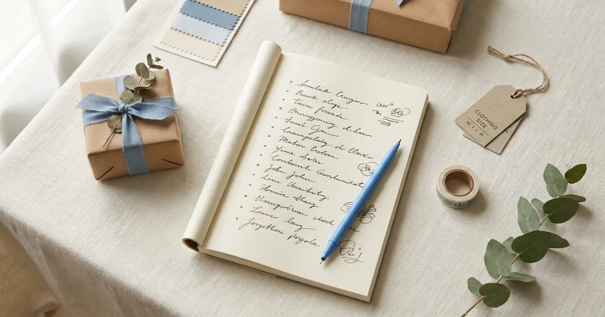 A handwritten gift wish list in an open notebook with a blue pen, surrounded by small kraft-wrapped gifts with blue ribbon, a size tag, and eucalyptus
