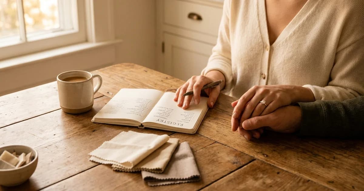 Engaged couple planning their wedding registry on paper at a kitchen table in warm window light