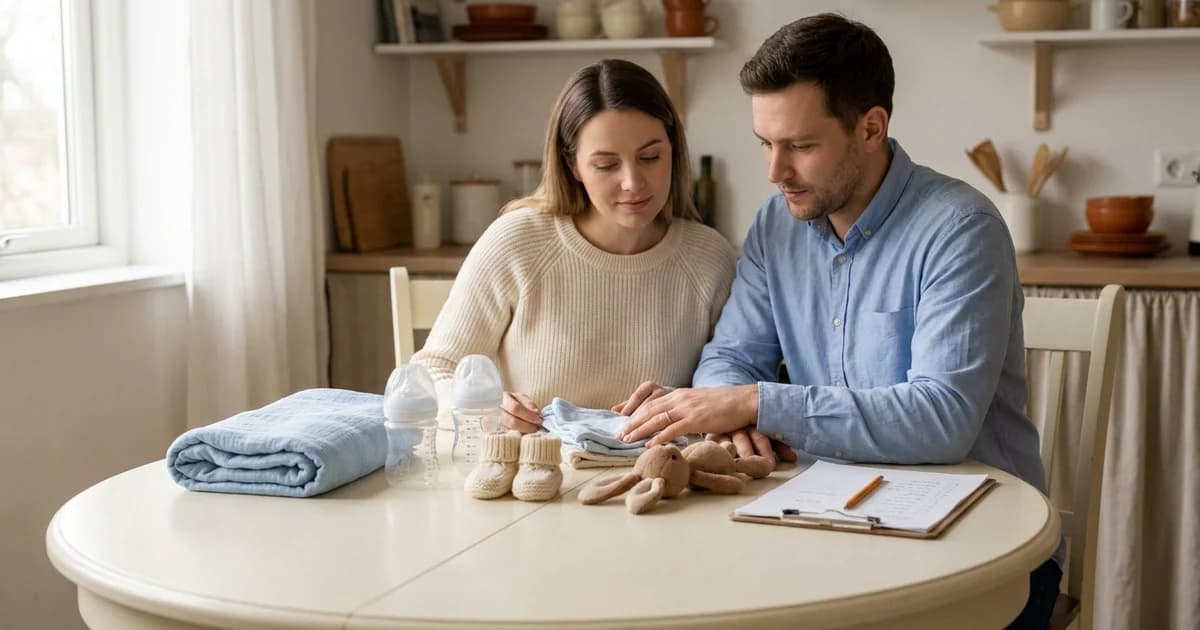Expecting parents at a kitchen table sorting baby bottles, booties, and a blue swaddle while planning where to set up their baby registry
