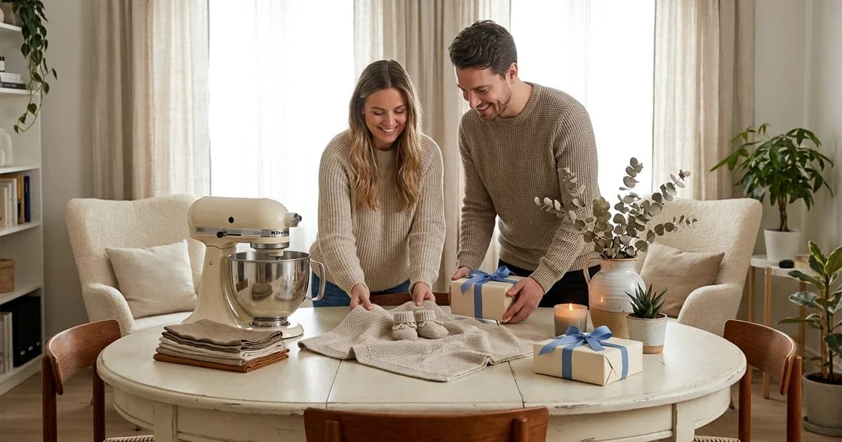 A couple at a sunlit dining table arranging registry gifts that span occasions — a stand mixer, a knitted baby blanket, home decor, and wrapped gifts with blue ribbon