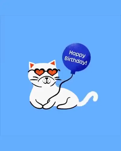 A white cat in heart-shaped sunglasses holding a "Happy Birthday!" balloon