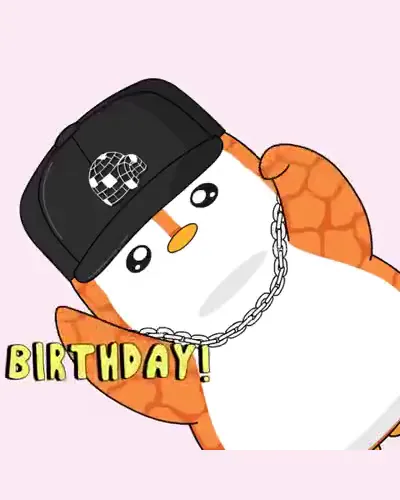 A cartoon penguin in a snapback and chain under "Birthday!"