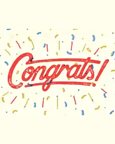 "Congrats!" in red script under a shower of paper confetti