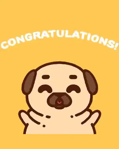 A cartoon pug throwing both paws up beneath "Congratulations!"