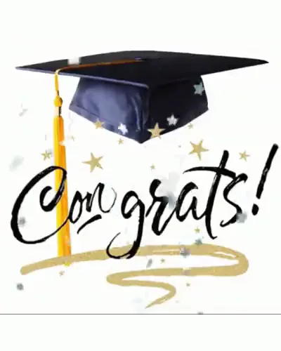 A tasselled mortarboard above "Congrats!" in black brush script