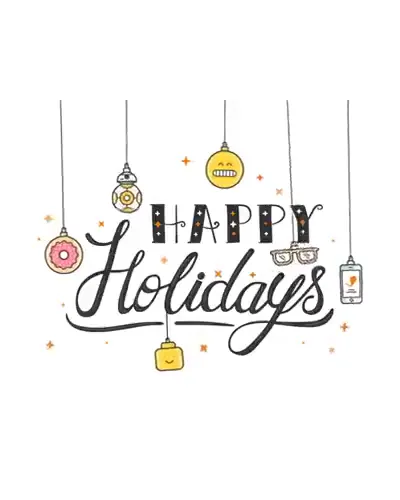 Painted baubles hanging above "Happy Holidays"
