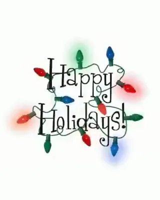 "Happy Holidays!" written in a strand of coloured fairy lights