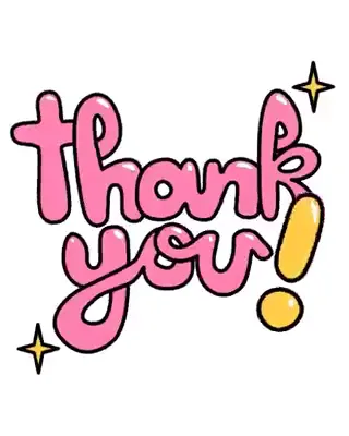 "Thank you!" in fat pink brush letters between two sparkles