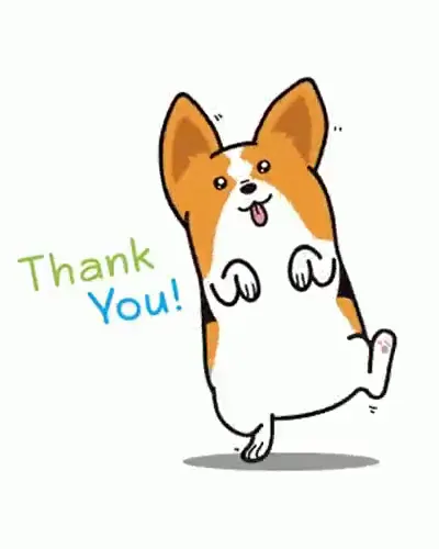 A corgi dancing beside "Thank You!" in green and blue
