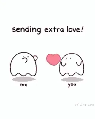 Two small drawn ghosts labelled "me" and "you" under "sending extra love!"