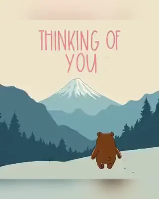 "Thinking of you" over a flat illustration of a bear walking snowy hills