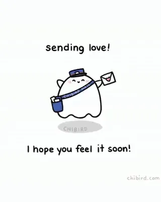A drawn postman carrying a letter, under "sending love!"