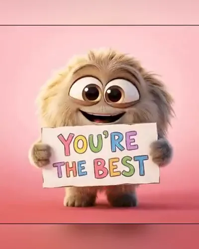 A shaggy monster holding up a hand-written "You’re the best" sign