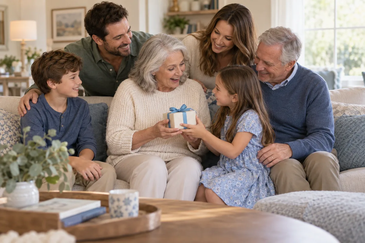 Grandparents, parents, and two children sharing a birthday gift at home