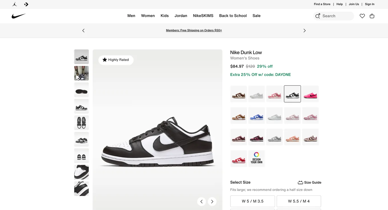 A Nike Dunk Low product page open in a desktop browser.